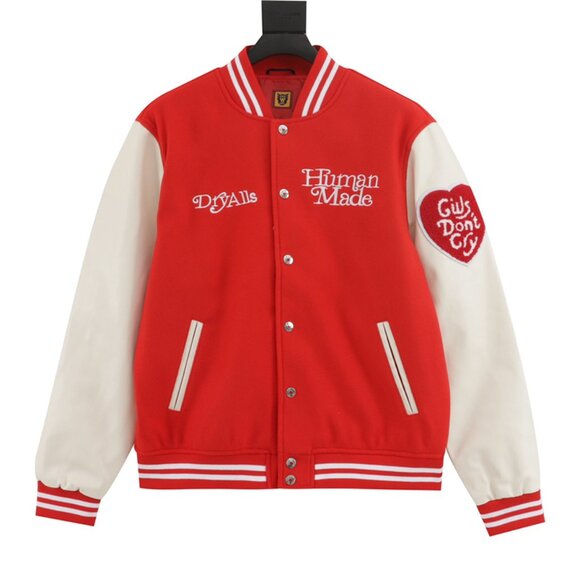 Heart Embroidered Leather Sleeves Baseball Jacket Red Human Made - Picture 1 of 9